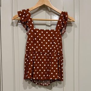 NWT Elegant Brown Polka Dot Ruffle Blouse